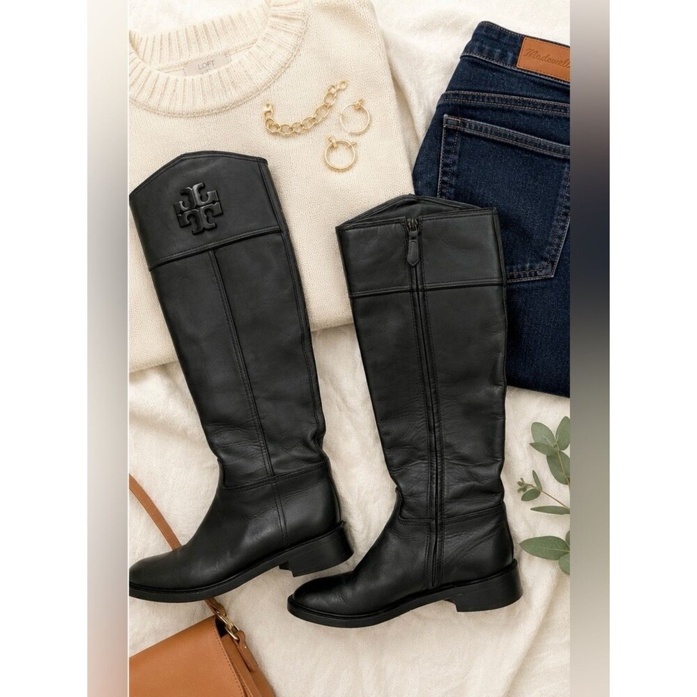 Tory Burch Lowell 2 Black Leather Logo Tall Riding Boots 50869 Size 6M Designer
